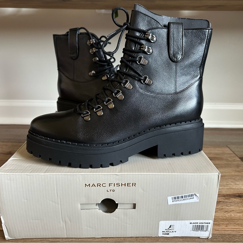 Marc Fisher Black Leather Lace-Up Combat Boots